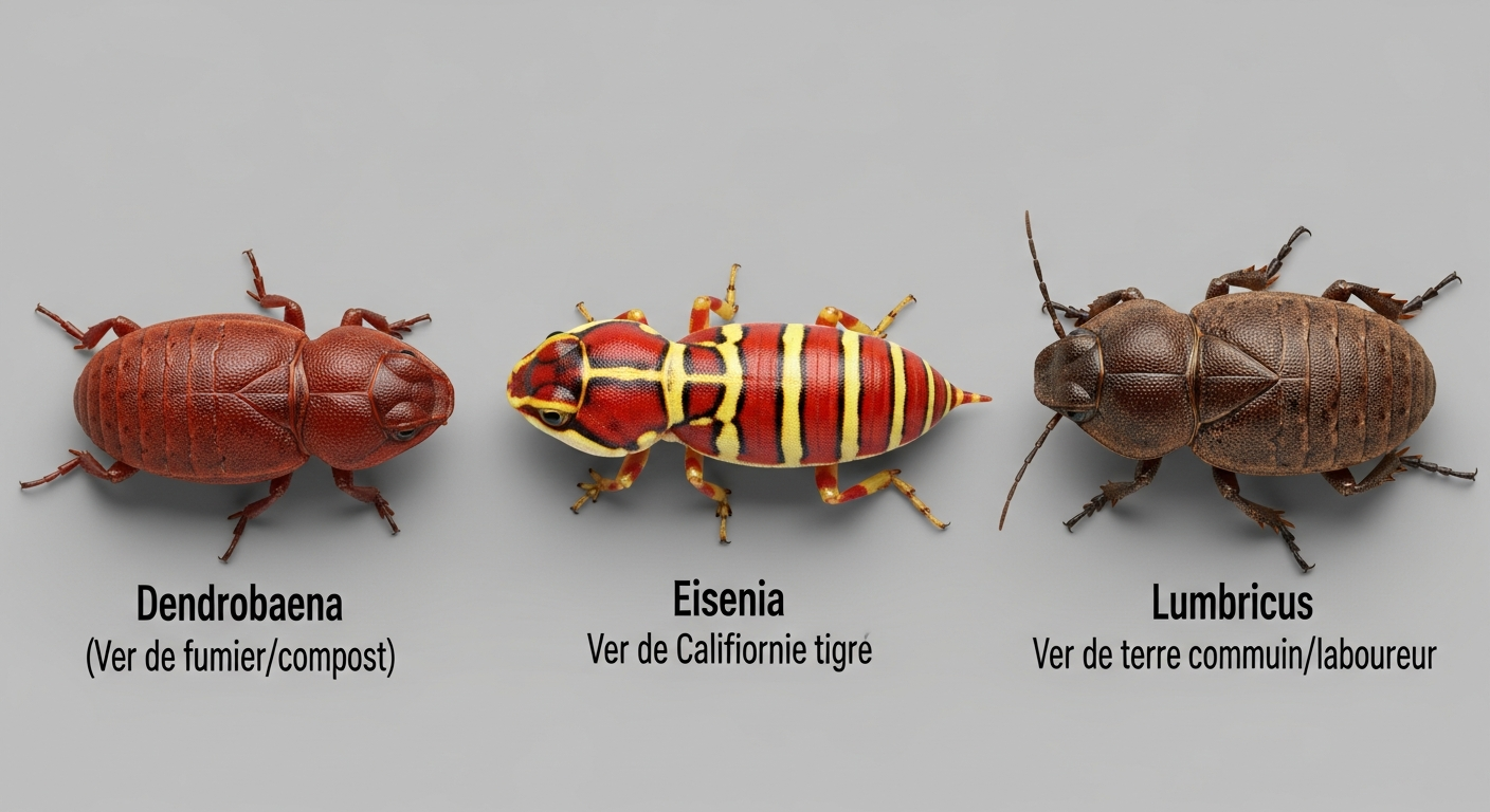 Comparaison visuelle Dendrobaena Eisenia Lumbricus vers de pêche