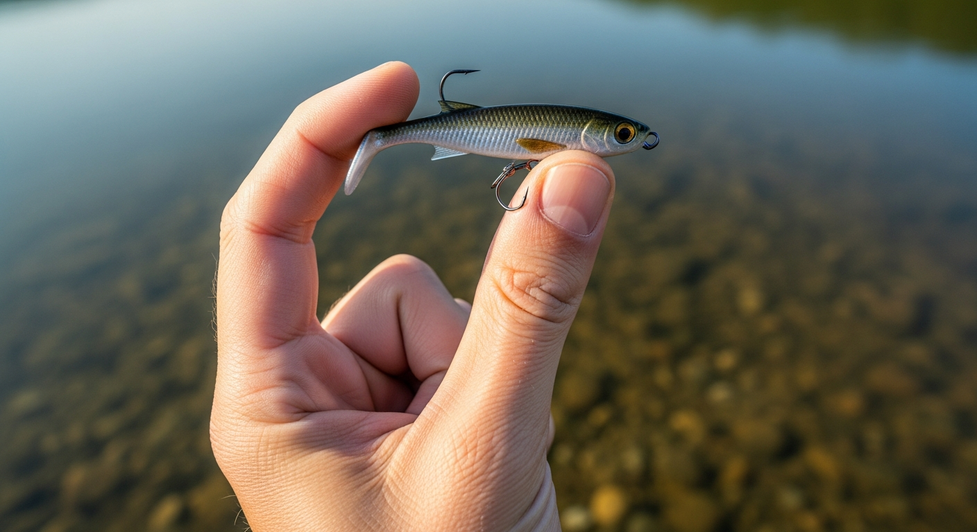 Gros plan sur un leurre souple pour la pêche de la truite en rivière