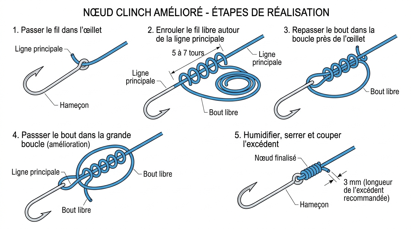 Schéma nœud Clinch amélioré avec 7 spires