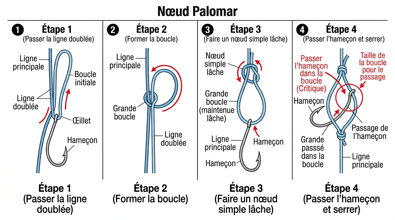 Schéma étapes nœud Palomar pour hameçon