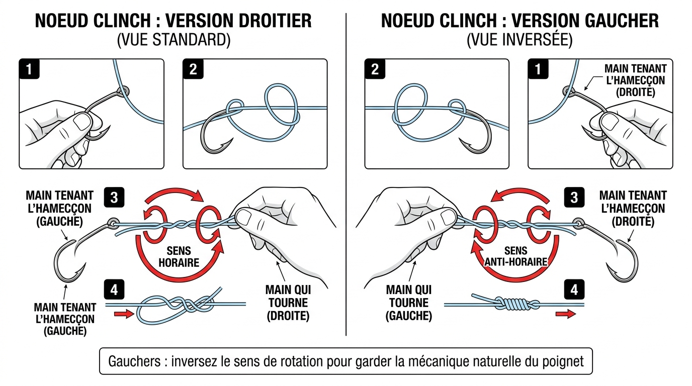 Schéma nœud de pêche adapté pour gauchers et droitiers