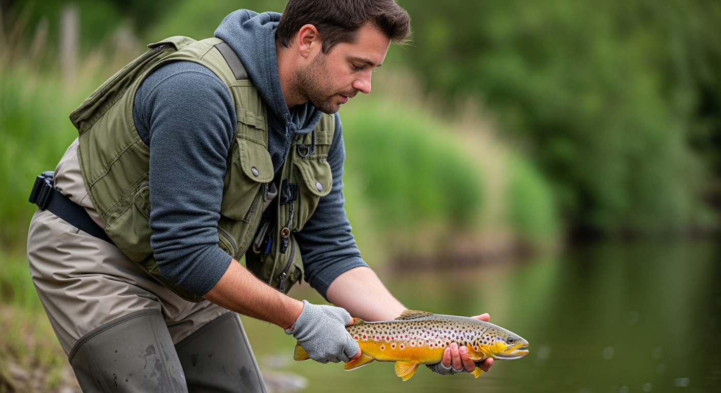 Pêcheur en sécurité avec waders et ceinture remettant une truite à l'eau