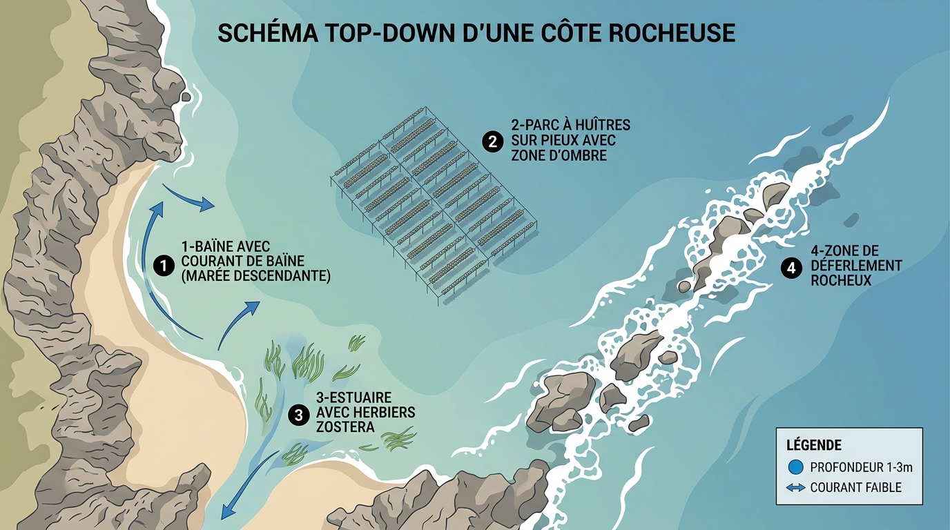 Schéma des 4 spots de pêche au bar depuis la côte